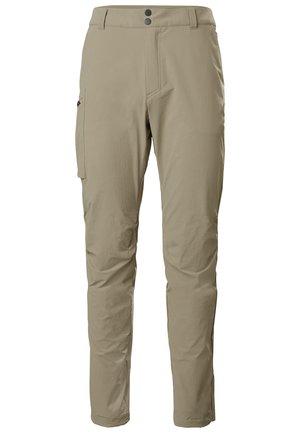 Beige Cargo-Hosen aus leichtem Material, mit einem Reißverschluss-Seitentasche, doppeltem Knopfverschluss und tailliertem Bein-Design.