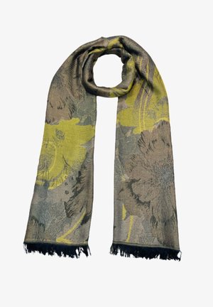 Écharpe à motifs floraux dans des tons terreux atténués avec des accents jaunes. Fabriquée en tissu doux, avec des extrémités frangées et un design léger.