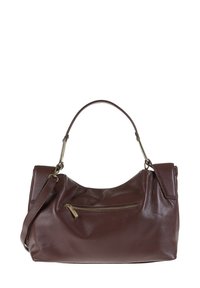 Borsa a mano in pelle marrone scuro con superficie a ciottoli, manico superiore, tracolla staccabile e tasca anteriore con zip e zip pull dorato.