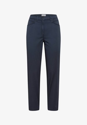 Pantalon droit bleu marine foncé avec fermeture boutonnée et à glissière, poches avant et arrière, et passants pour ceinture.