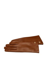 Braune Lederhandschuhe mit glatter Textur, ausgestattet mit einem taillierten Design und Knopfakzenten am Handgelenk für den Verschluss.