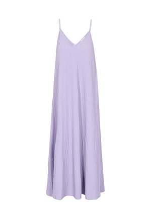 Lichtpaarse mouwloze jurk met een V-hals, vloeiende silhouet, textuurstof en verstelbare banden. Zachte val naar de zoom.