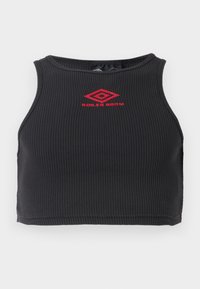 Black ribbed crop top with sleeveless design. Features a red "BOILER ROOM" logo centered on the chest. Smooth texture.