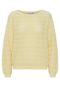 Suéter de punto amarillo claro con un patrón texturizado que presenta franjas de calado y mangas largas. Cuello redondeado y puños acanalados.