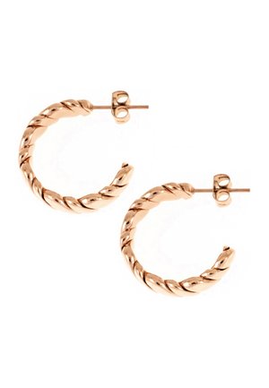 Ohrringe aus roségold mit gedrehter Hoop-Form, die ein spiralförmiges Design aufweisen und mit einem sicheren Steckverschluss enden. Durchmesser ca. 5 cm.
