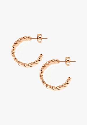 Ohrringe aus roségold mit gedrehter Hoop-Form, die ein spiralförmiges Design aufweisen und mit einem sicheren Steckverschluss enden. Durchmesser ca. 5 cm.