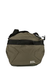 Grøn, vandtæt duffelbag med en tekstureret overflade, stor kapacitet på 85L, og sorte bærehåndtag. Har et minimalistisk design.