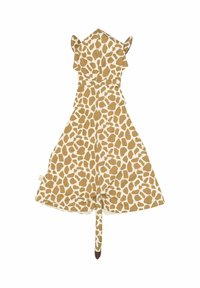 Kleita ar žirafes rakstu tan un baltā krāsā, ar kapuci ar ausīm, izliekto apakšmalu un astes detaļu aizmugurē.