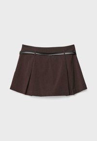 Brązowa spódnica w cienkie prążki z plisowanym wzorem i czarnym paskiem z ekologicznej skóry. Krótka długość i dopasowany, strukturalny krój.