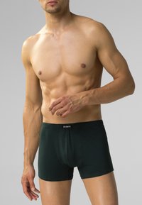 Ciemnozielone bokserki z czarnym paskiem, wykonane z miękkiego materiału, z dopasowanym krojem i minimalnymi detalami przeszyć.