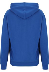 Sudadera con capucha en azul sólido, con mangas largas y puños de canalé. La parte trasera es lisa, sin detalles ni patrones adicionales.