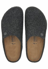 Grey felt slippers with an open back, curved shape, and a textured surface. Includes a logo detail on the side and a brown insole.