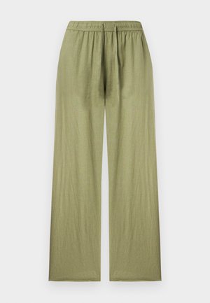Pantalon large en lin vert olive clair avec taille élastique et coupe décontractée présenté sur fond uni.