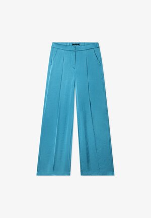 Weite Hosen in leuchtendem Türkis aus glattem Stoff. Sie verfügen über Falten, seitliche Taschen und einen strukturierten Bund.