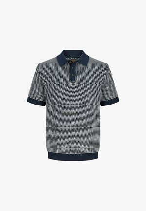 Lühikeste varrukatega tumesinise ja valge mustriga polo särk tumesinise krae, nööbitava plakeeringu ning soonikuga varrukate ja äärega.