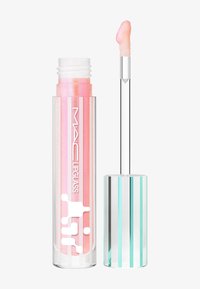 Lipglass MAC in un contenitore trasparente a strisce verticali con un gloss rosa brillantinato. L'applicatore è una bacchetta trasparente con una punta soffice.