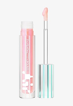 Lipglass MAC in un contenitore trasparente a strisce verticali con un gloss rosa brillantinato. L'applicatore è una bacchetta trasparente con una punta soffice.
