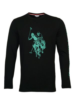 Zwart shirt met lange mouwen en een turquoise polo speler afbeelding op de voorkant, met een ronde hals en een getextureerde stof.