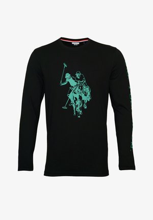 Zwart shirt met lange mouwen en een turquoise polo speler afbeelding op de voorkant, met een ronde hals en een getextureerde stof.
