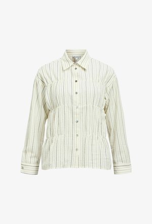 Blouse crème à manches longues avec fines rayures verticales grises, boutonnage devant, taille froncée et col.