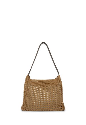 Sac de courses en filet tissé marron avec une bandoulière solide, un design en maille ouverte et une forme rectangulaire sur fond blanc.