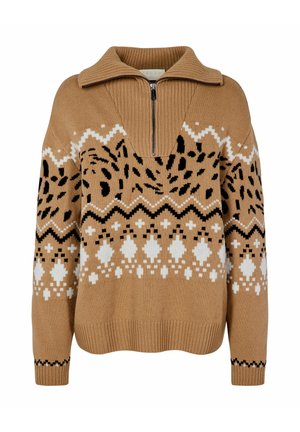Pull en tricot marron avec motif géométrique et animalier noir et blanc, col, poignets et ourlet côtelés, et fermeture éclair à l’avant.