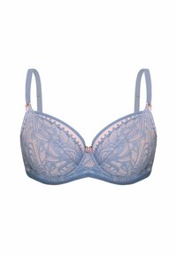 Jasnoniebieski koronkowy biustonosz z kwiatowym wzorem, różowym podszyciem i regulowanymi ramiączkami. Posiada akcent w postaci kokardy na środku oraz wsparcie w postaci fiszbiny.