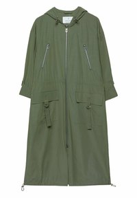 Olive green hooded jacket with a front zipper, two chest pockets, and two large lower pockets. Features adjustable drawstrings and a lightweight fabric.