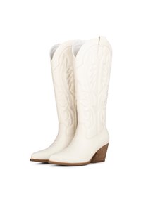 Botas de vaquero de cuero blanco con puntas afiladas, costuras decorativas, tacón medio y un acabado texturizado, con un borde superior curvado.