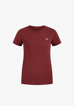 Camiseta de algodón burdeos con mangas cortas, cuello redondo y pequeño logotipo en el pecho. Textura suave, corte estándar.