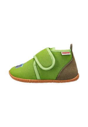 Chaussure en tissu vert avec une sangle Velcro, accents en daim marron et une semelle en caoutchouc texturé. Présente un design brodé à l'avant.