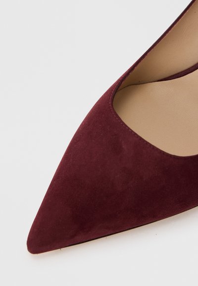 Scarpa con tacco alto in suede bordeaux, con punta affusolata e design a taglio. Fodera interna liscia con una leggera lucentezza.