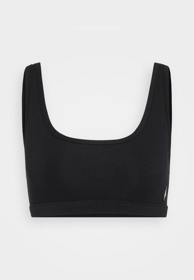 Čierny športový podprsenka so štvorcovým výstrihom, širokými ramienkami a hladkým, elastickým materiálom. Obsahuje malý logom na boku.