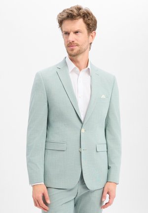 Man in een muntgroen pak en een wit overhemd, staand tegen een effen witte achtergrond, kijkt iets schuin naar opzij.