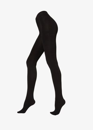 Svarta opaqua strumpbyxor med en slät yta, sömlös design och hel längd. Materialet verkar vara elastiskt för komfort och anpassning.