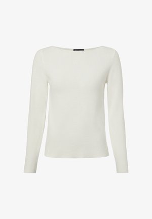 Pull en maille blanc à manches longues avec un col bateau, un ourlet droit et un tissu finement texturé.
