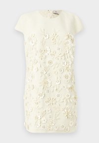 Floral embroidered dress in beige with textured fabric. Features cap sleeves, a round neckline, and decorative flower details with gemstone accents.