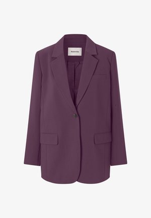 Blazer violet cu rever ascuțit, închidere cu un singur nasture și două buzunare frontale. Material neted cu un croi structurat, ajustat.