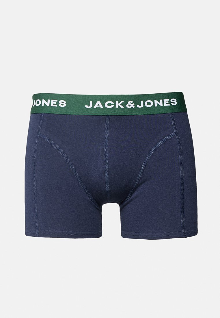 Boxer briefs de hombre en azul marino con cinturilla verde que presenta la marca "JACK & JONES" en blanco, con detalles de costura en la parte frontal visibles.
