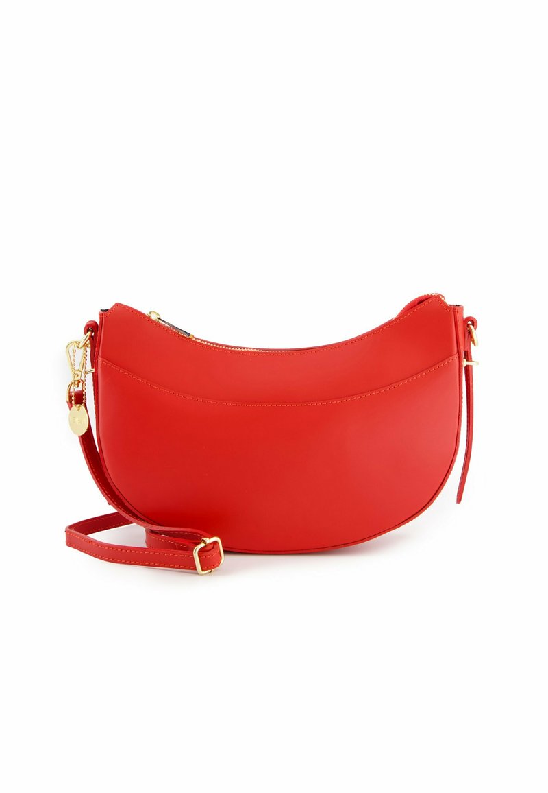 Red leather shoulder bag with a curved shape, gold hardware, and a removable strap; features a zip closure and smooth texture.
