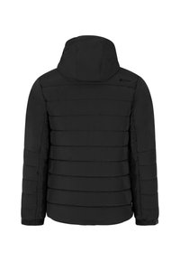 Zwarte pufferjas met een capuchon, voorzien van een gewatteerd ontwerp en elastische boorden. Materiaal: gladde, matte afwerking. Subtiele logo op de schouder.