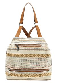 Borsa in tela crema testurizzata con manici in pelle marrone. Presenta motivi geometrici intricati multicolore e due tasche con zip.