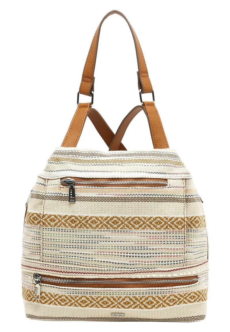 Borsa in tela crema testurizzata con manici in pelle marrone. Presenta motivi geometrici intricati multicolore e due tasche con zip.