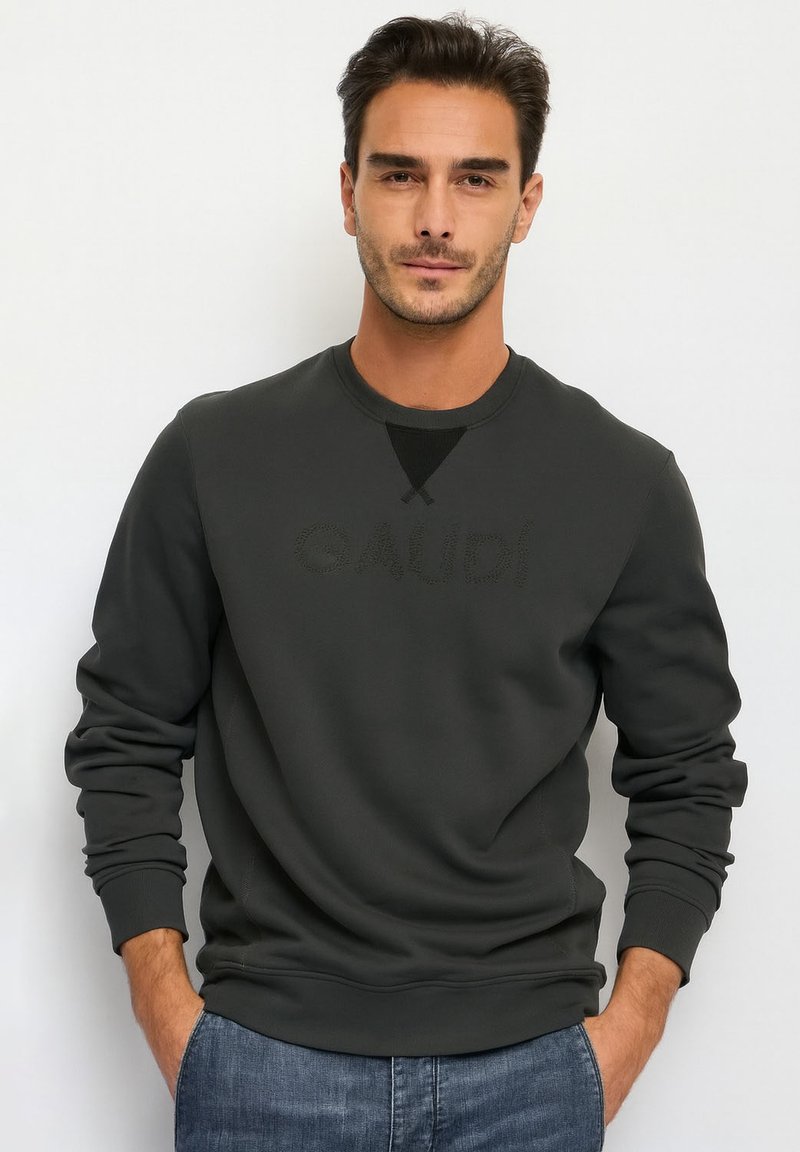 Felpa grigia scura con scollatura a girocollo, caratterizzata da un logo testurizzato "GAUDI" sul petto. Polsini e orlo a coste, morbida texture del tessuto.