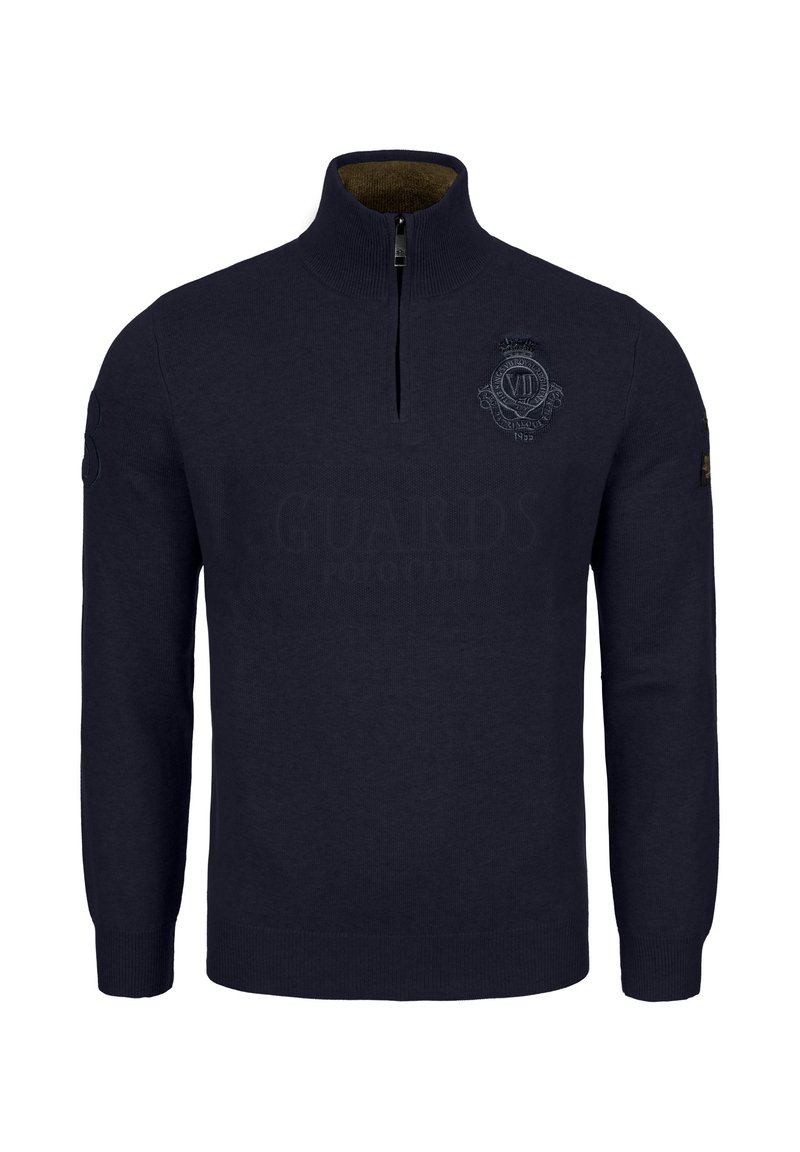 Navy pullover sweater with a half-zip collar, featuring embroidered logo on the chest and a smooth, knitted texture.