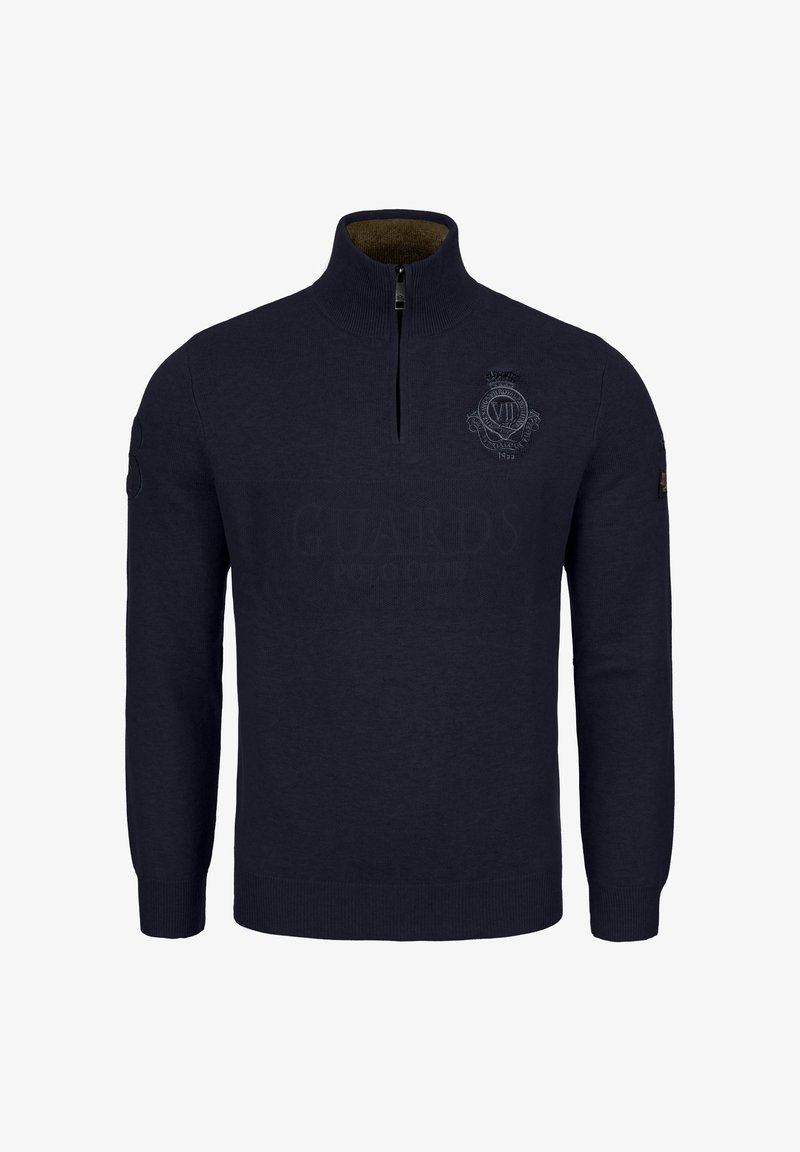 Pull-over en laine navy avec un col zippé mi-hauteur, présentant un logo brodé sur la poitrine et une texture tricotée lisse.
