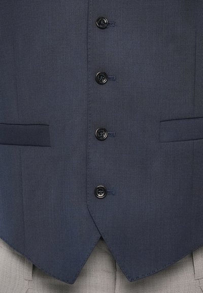 Marineblauer Weste aus strukturiertem Stoff, mit sechs schwarzen Knöpfen, zwei Taschen und einem V-förmigen Saum. Geeignet für formelle Anlässe.