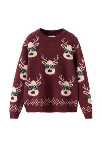 Maglione lavorato a maglia color bordeaux con renne in occhiali da sole, nel colore crema e teal. Motivo decorativo lungo l'orlo, scollatura rotonda e maniche lunghe.