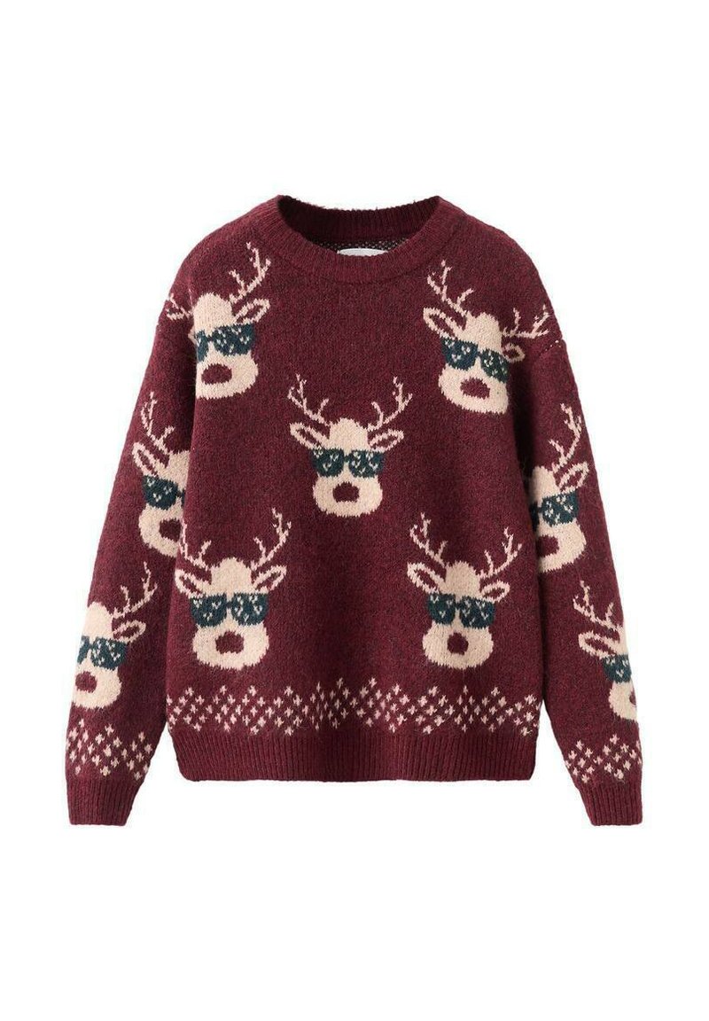 Maglione lavorato a maglia color bordeaux con renne in occhiali da sole, nel colore crema e teal. Motivo decorativo lungo l'orlo, scollatura rotonda e maniche lunghe.