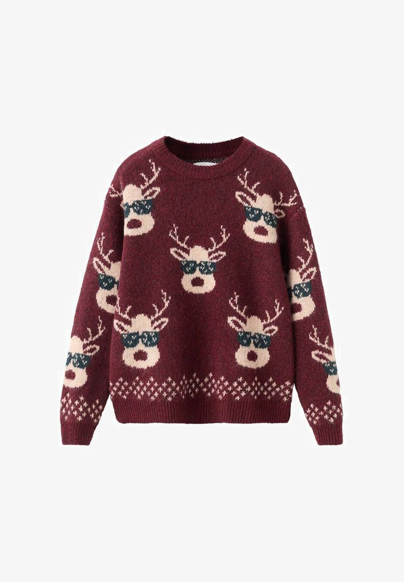 Maglione lavorato a maglia color bordeaux con renne in occhiali da sole, nel colore crema e teal. Motivo decorativo lungo l'orlo, scollatura rotonda e maniche lunghe.